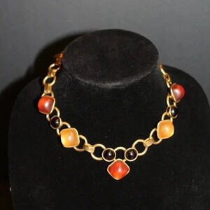 Vintage 1990s Gold BROWN Yellow Chain Choker Fashion Necklace Fashion Jewelry